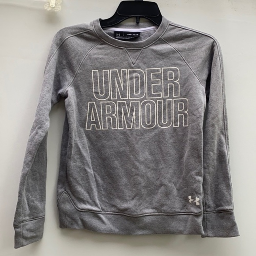Under Armour Youth Medium Gray ColdGear Crewneck Sweatshirt Logo Pullover